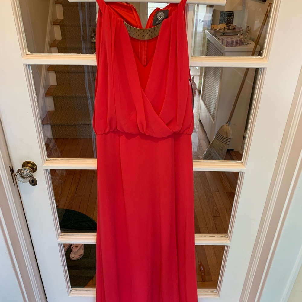 Vince Camuto floor length hot pink draped dress